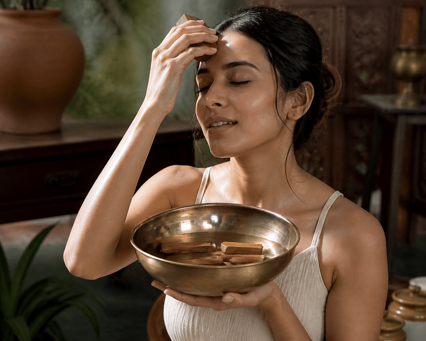 Cold sandalwood infusion in water bowl with cooling gesture applied to forehead in traditional Ayurvedic wellness ritual