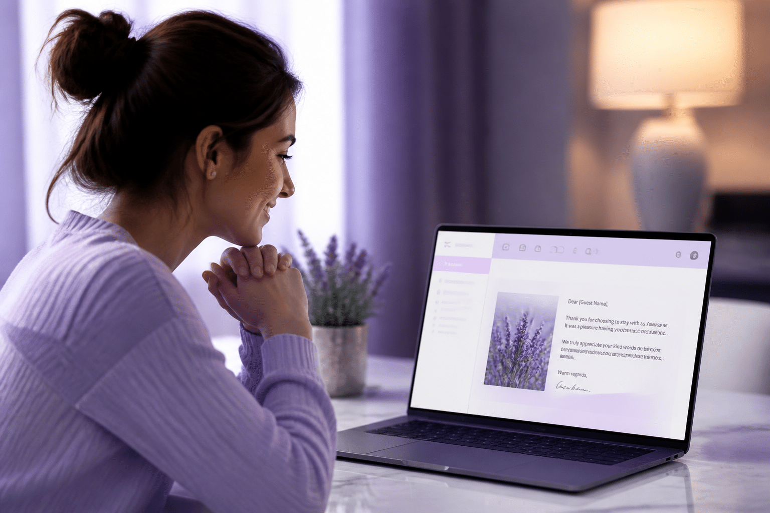 Personalized thank you email message displayed on computer screen representing guest appreciation communication
