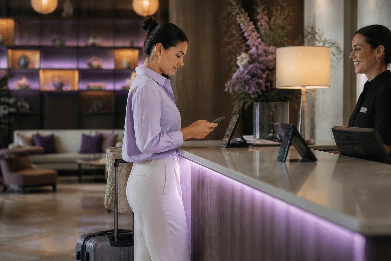 Independent hotel guest completing mobile booking form at check-in desk with personalized welcome