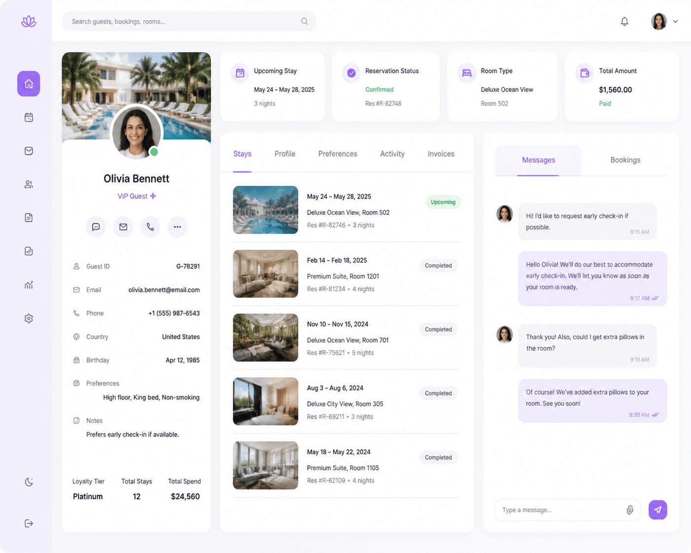 Hotel management dashboard displaying unified guest profiles, booking history, and integrated messaging system