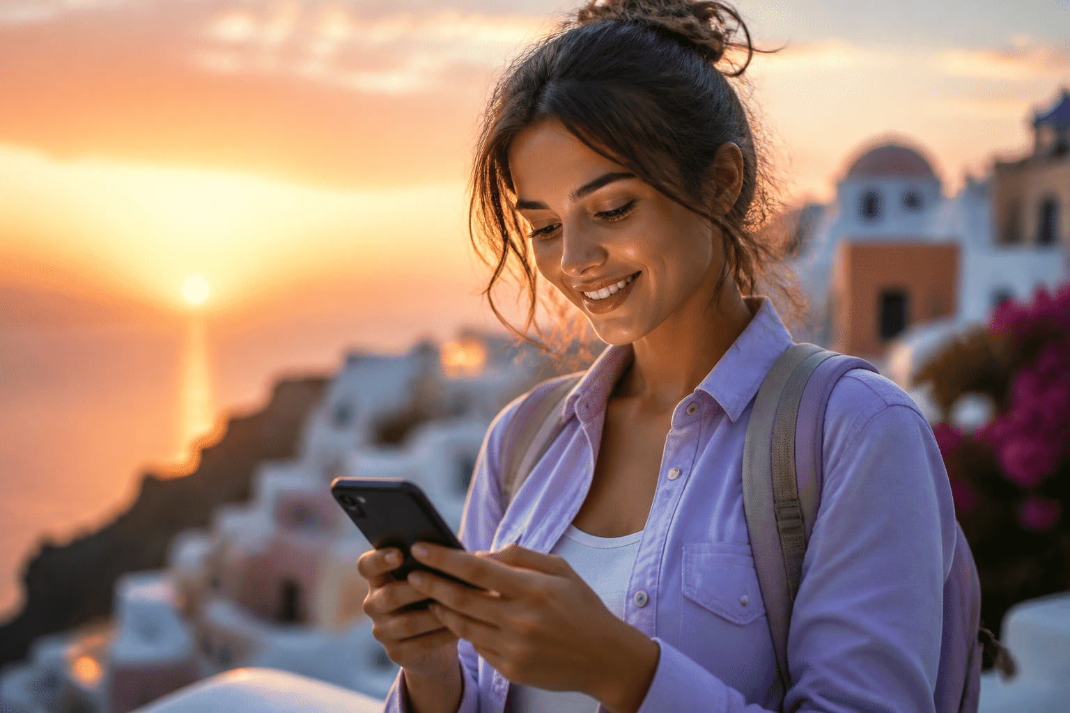 Traveler scrolling on smartphone with inspiration and anticipation on their face, sunset destination in background