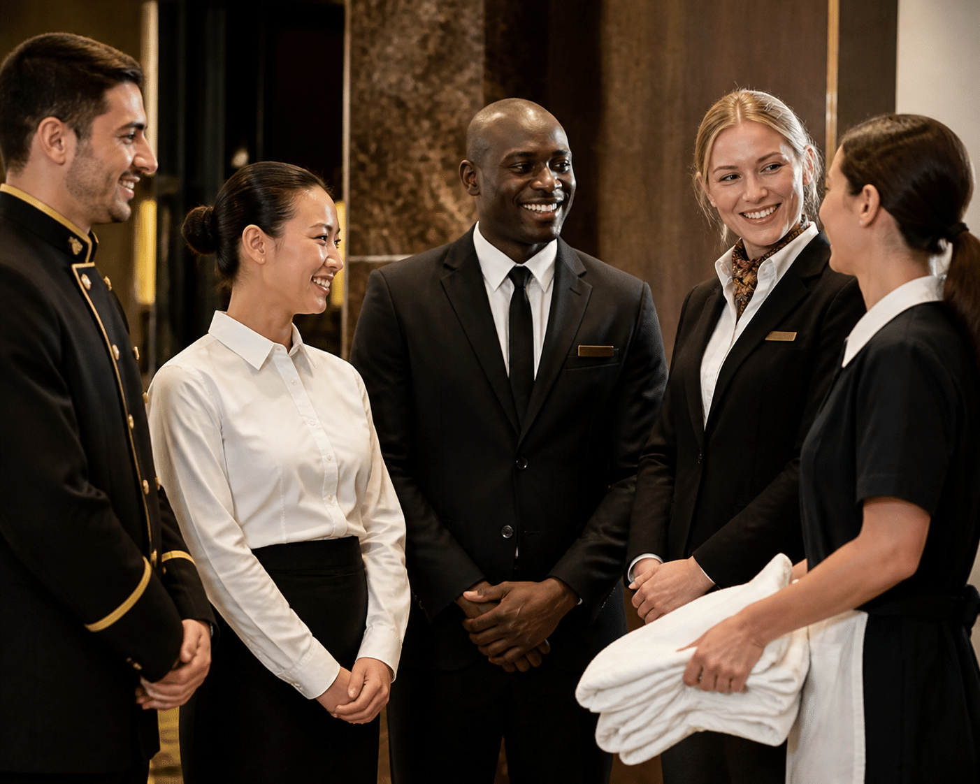Diverse hotel staff team in professional uniforms showing genuine camaraderie and smiles in hospitality setting