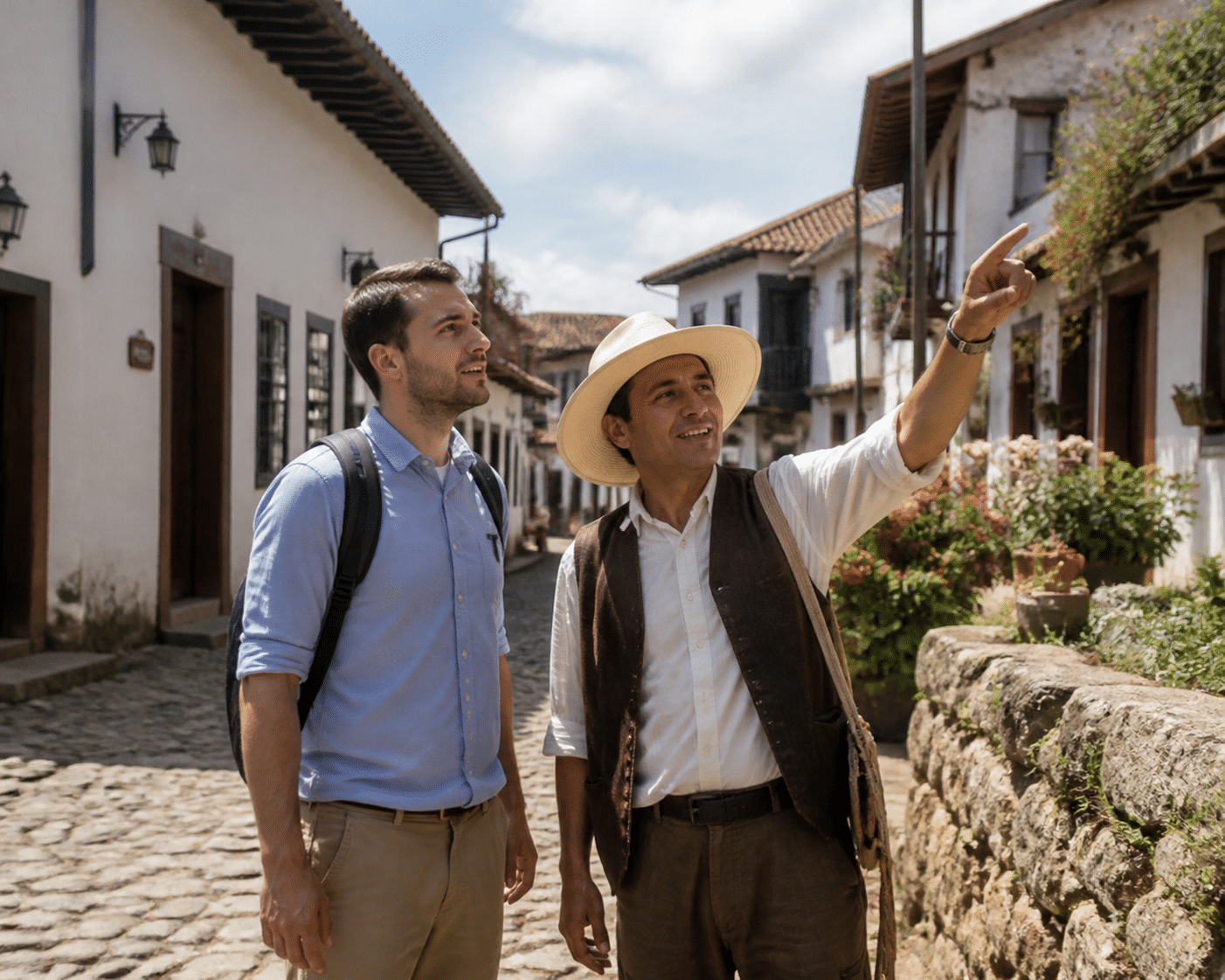 Local guide engaging with tourist on cobblestone street, pointing out attractions with genuine community connection