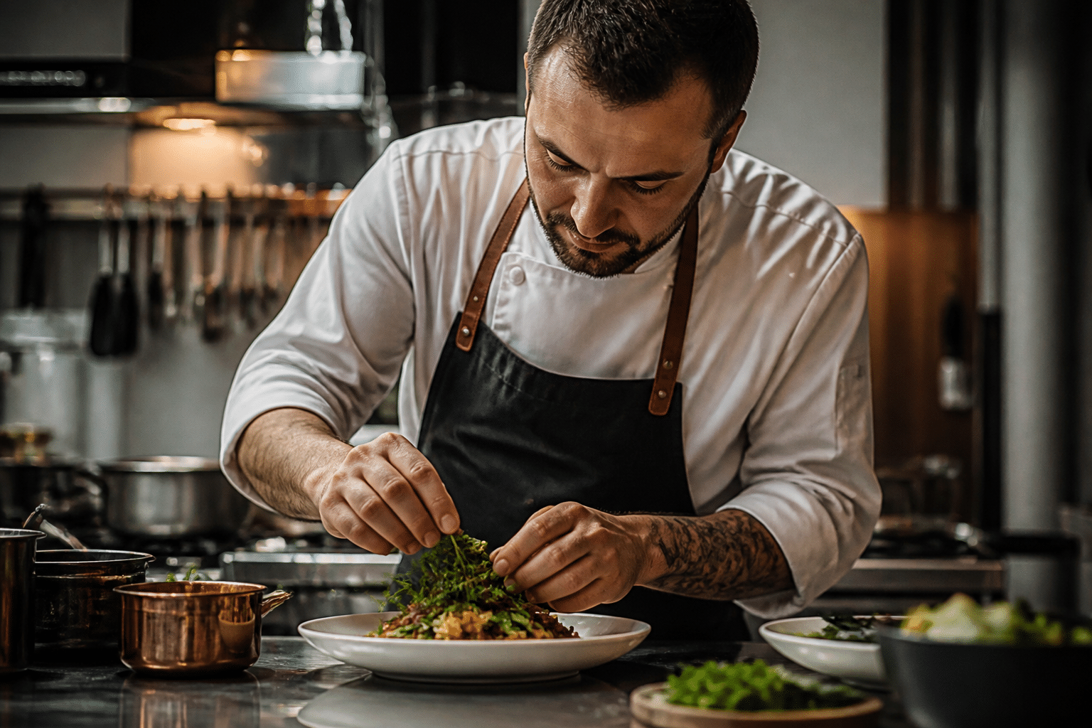 Professional chef hands-on with fresh ingredients, preparing signature dish in kitchen with warm authentic lighting