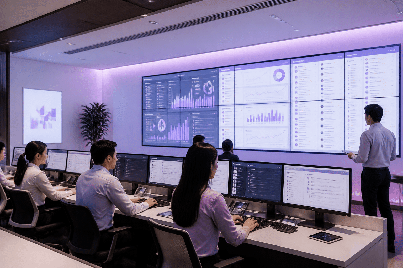 Organized hotel management control center with review monitoring system and team efficiently managing guest communications