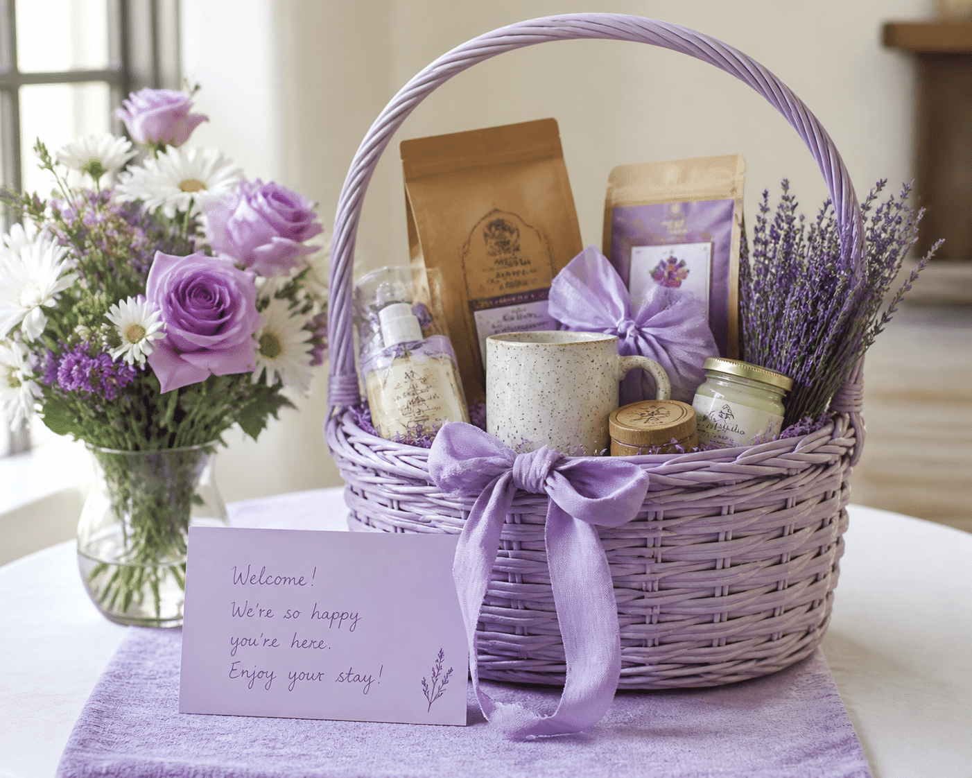 Curated welcome basket featuring artisanal local items, premium coffee, fresh flowers, and handwritten welcome note