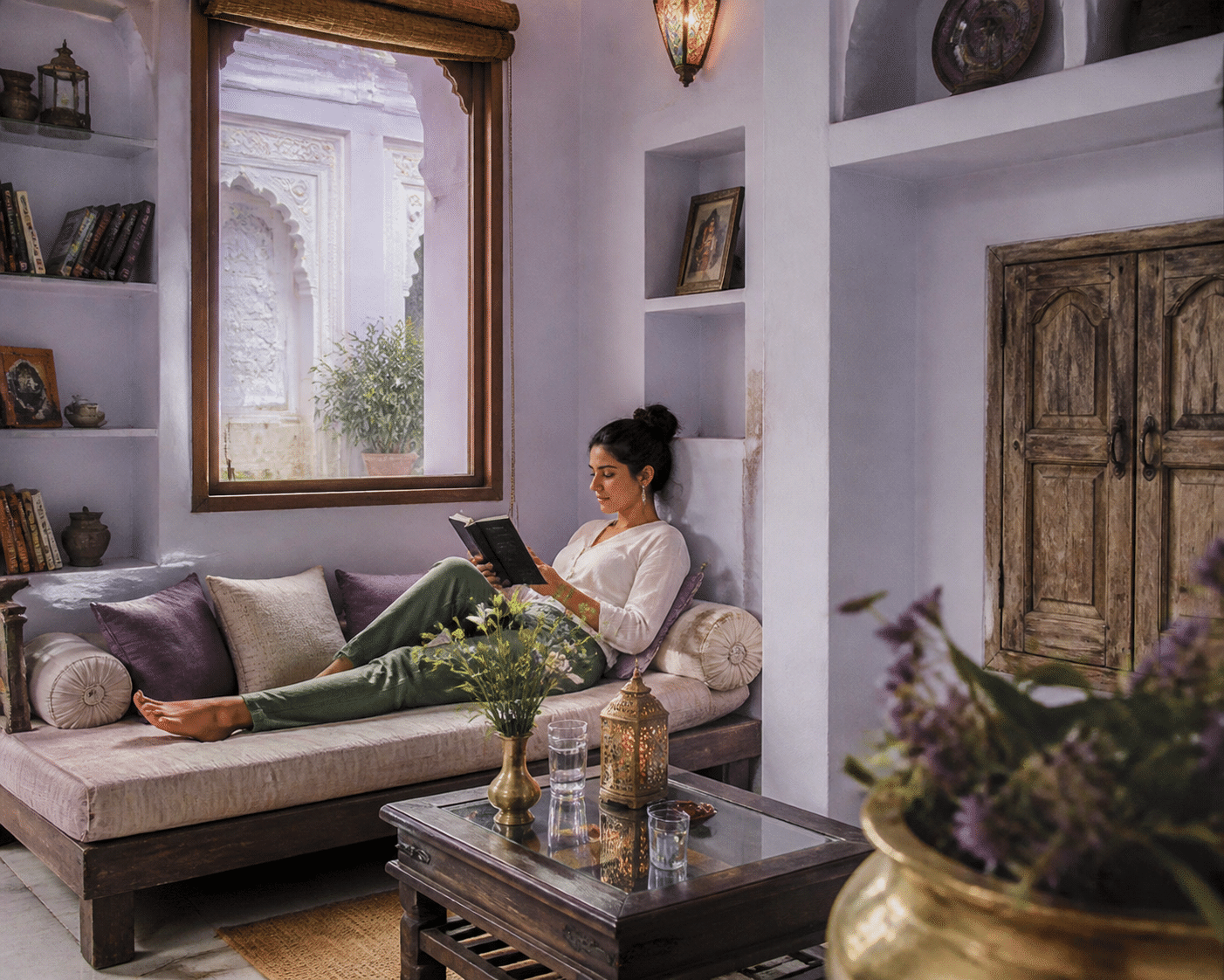 Guest relaxing comfortably in a cozy homestay interior with local elements and warm ambient lighting