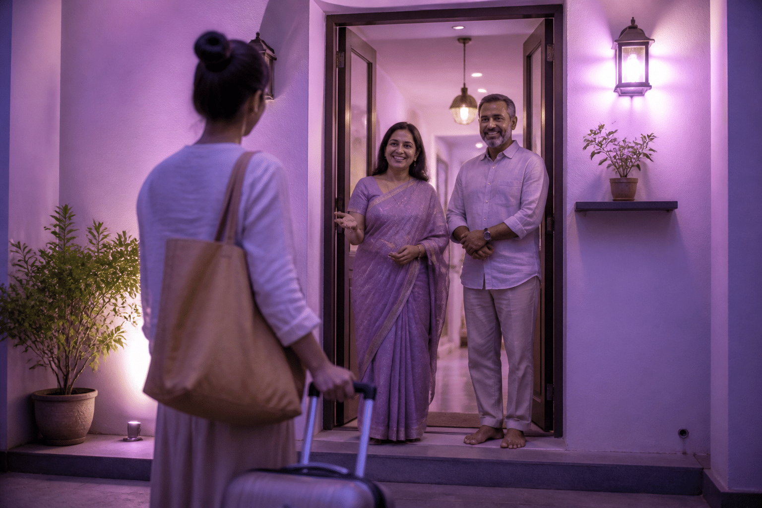 Modern guest arriving at a welcoming homestay entrance with warm lighting and inviting atmosphere