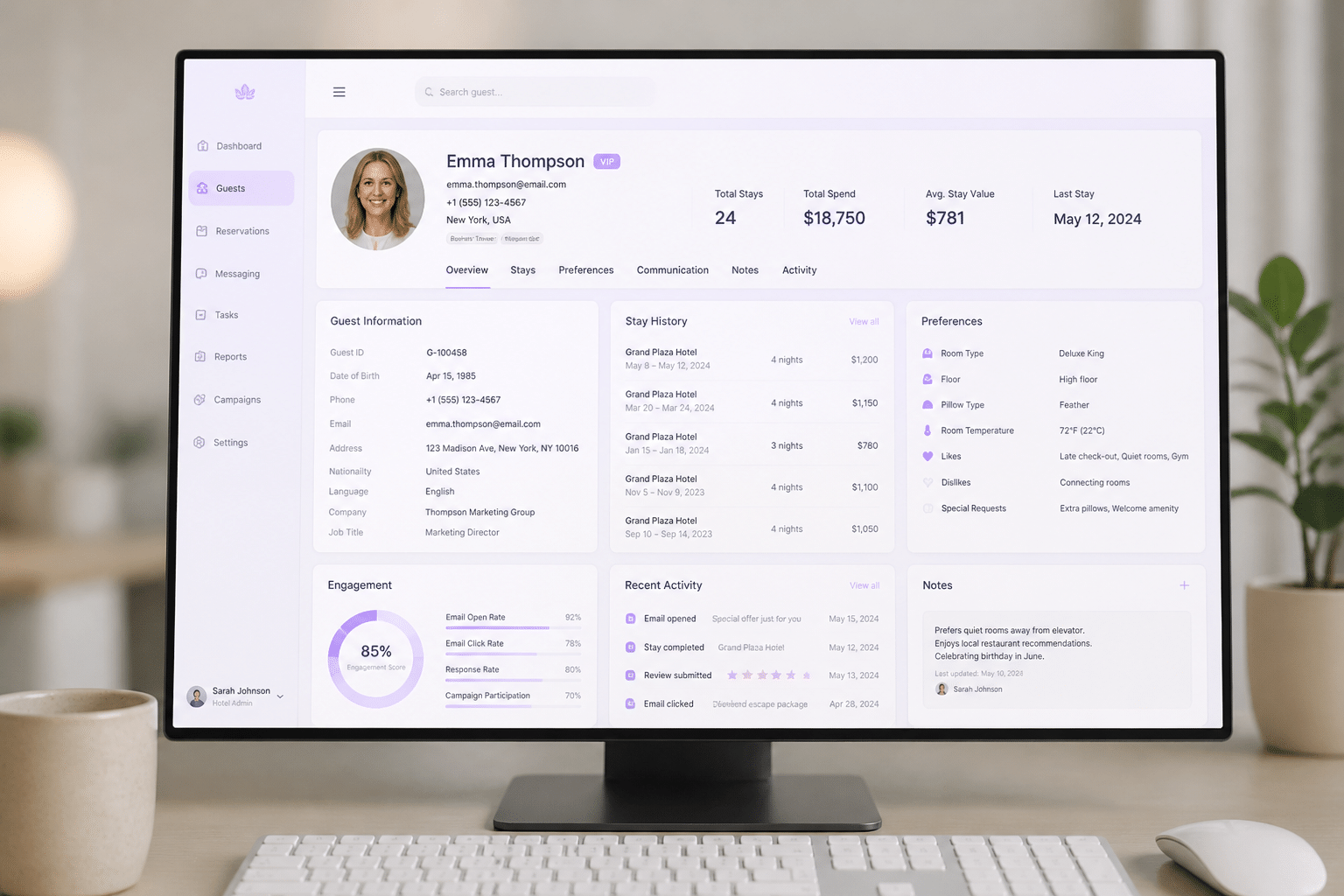 Hotel guest database and CRM system dashboard displaying guest profiles and data points