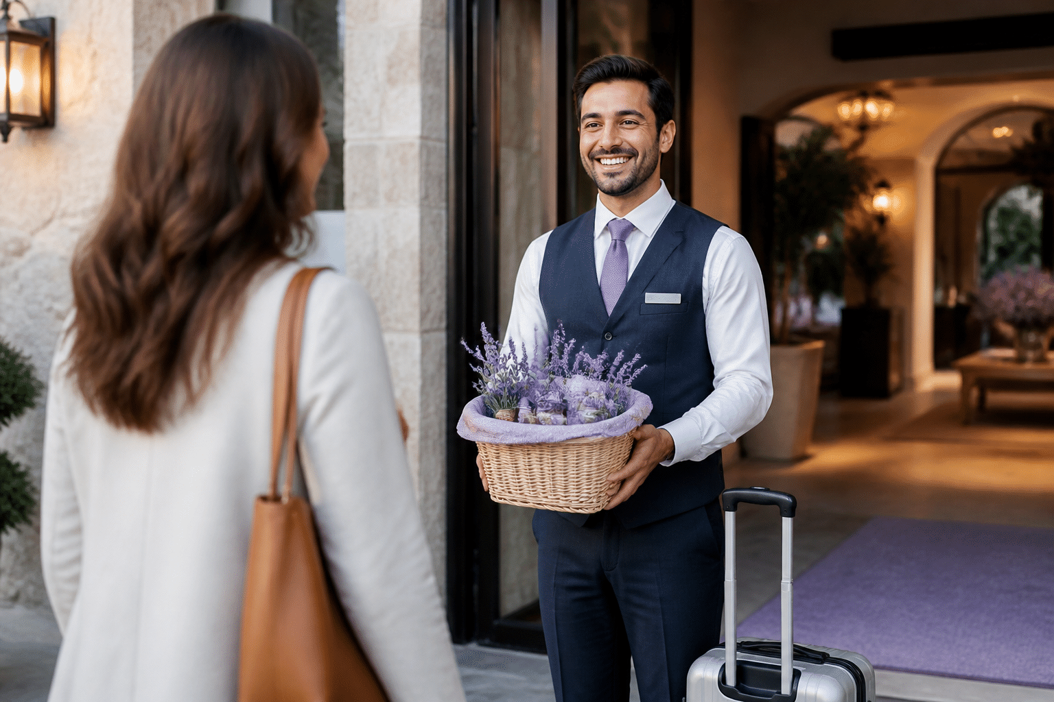 Hotel staff warmly greeting arriving guest at entrance with local welcome gift basket