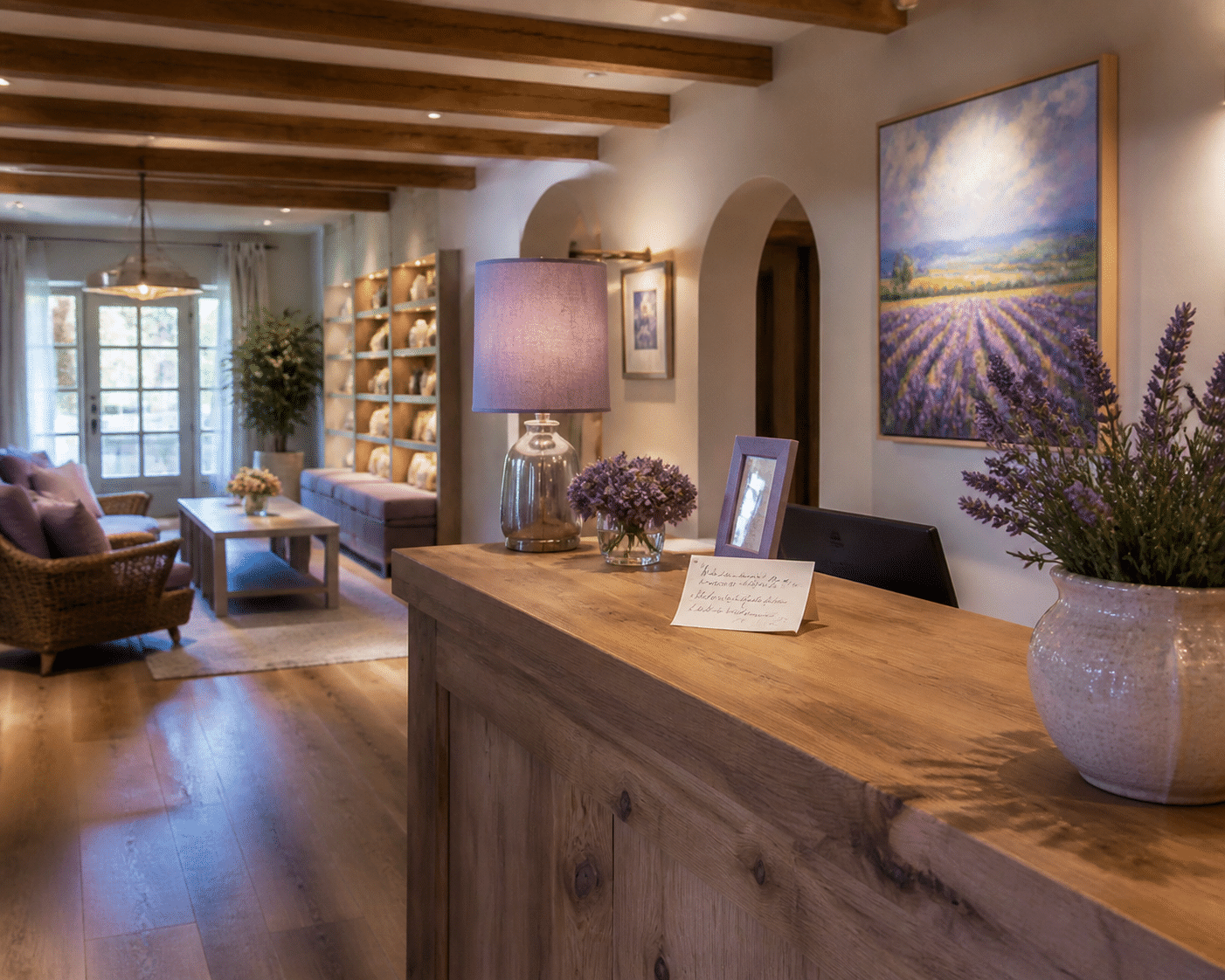 Boutique hotel interior with welcoming ambiance, local artwork, handwritten welcome note, and lavender accents