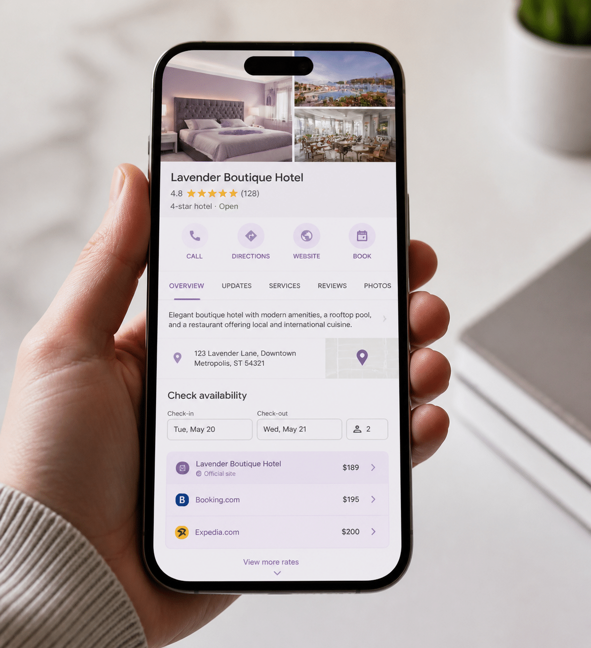 Smartphone displaying Google Business Profile and hotel booking interface with professional listings and photos