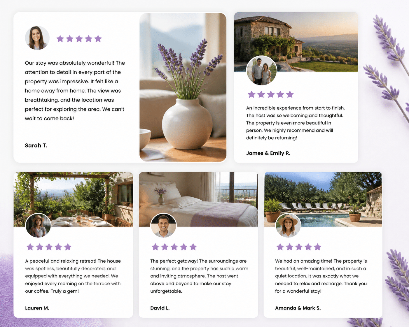 Collection of positive guest reviews with five-star ratings and authentic testimonials displayed on lavender background