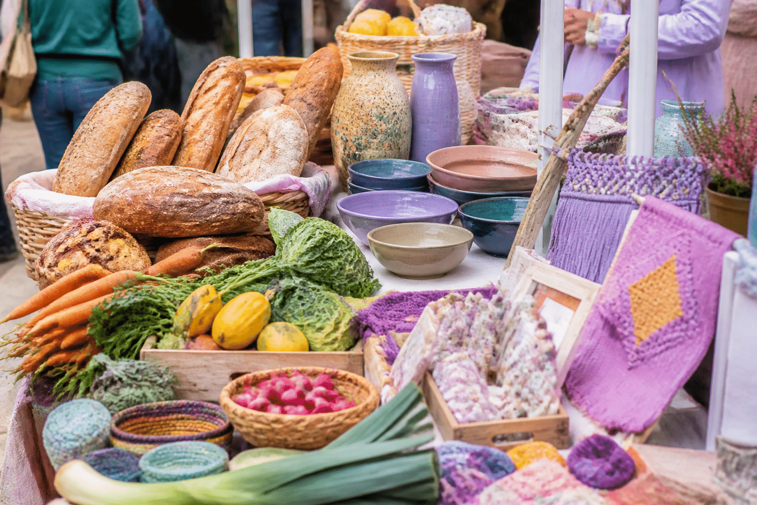 Vibrant local market display featuring artisanal bread, handmade pottery, fresh produce, and crafted goods from multiple vendors