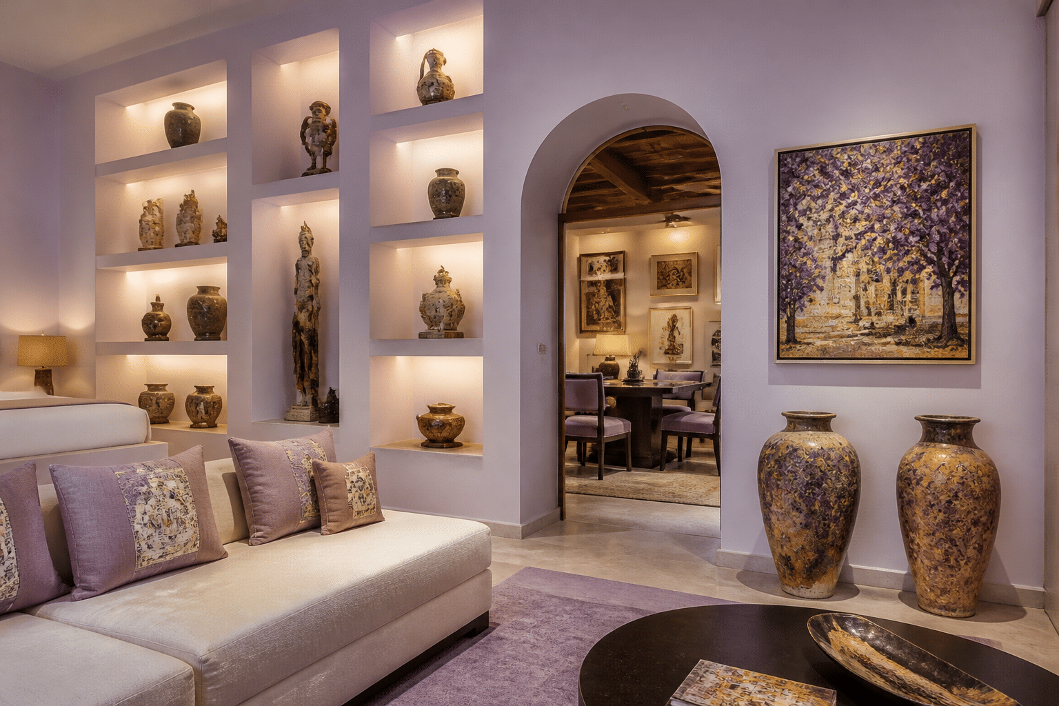 Boutique hotel interior showcasing local artisan ceramics and handcrafted artworks displayed on warm shelving with ambient lighting