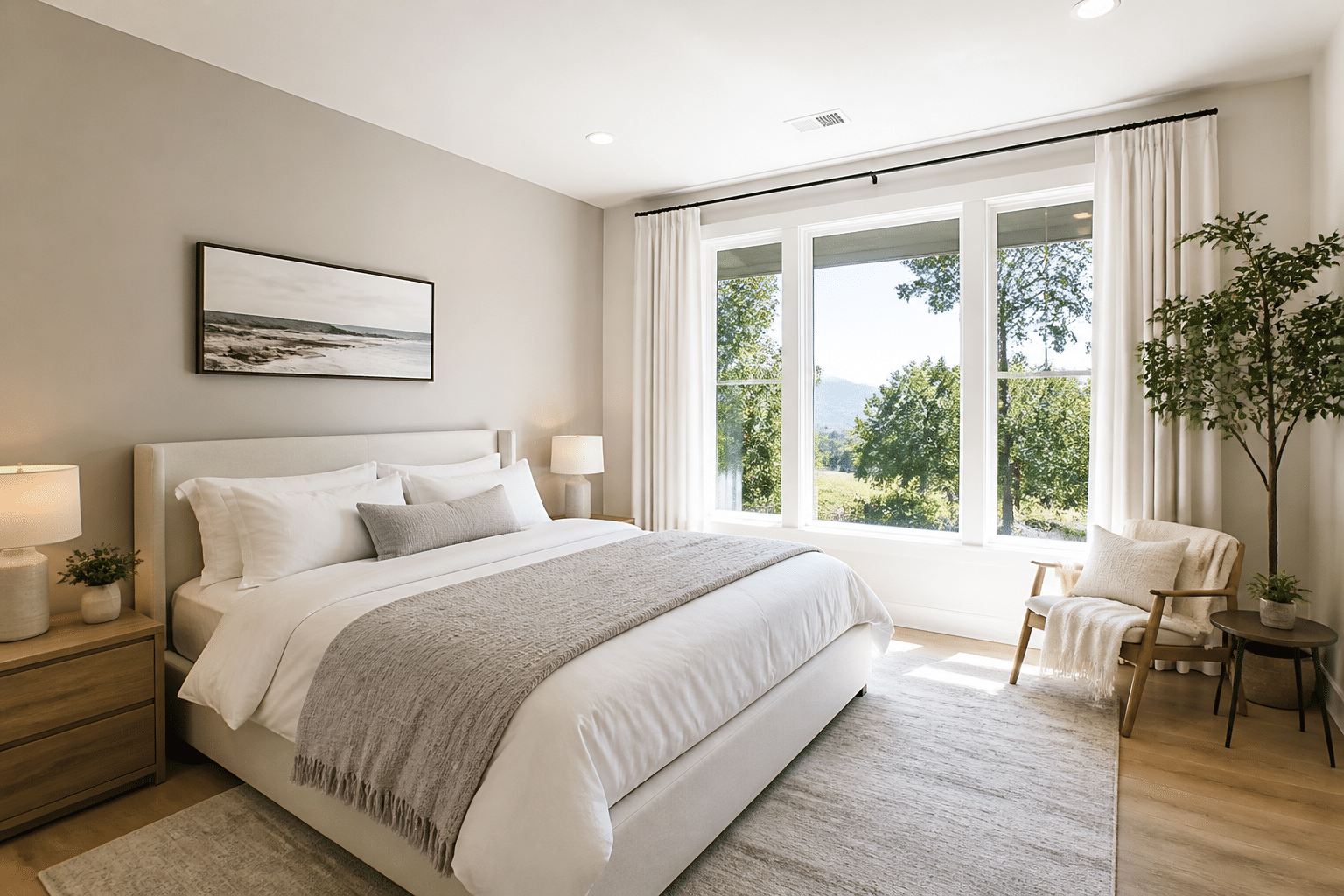 Professional interior photography of a bright, modern bedroom with natural daylight and clean staging