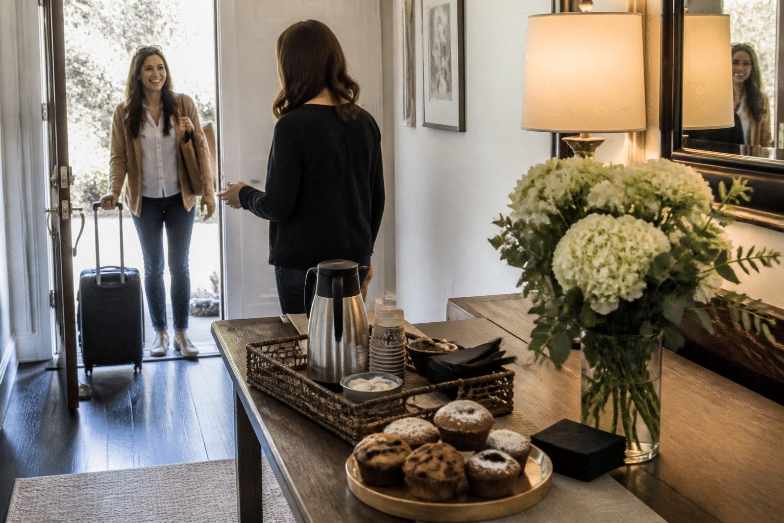 Welcoming entryway with thoughtful guest touches including fresh flowers and coffee service details